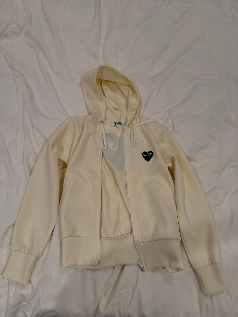 Comme des Garcons PLAY Cream Zip Hoodie with Black Heart Logo